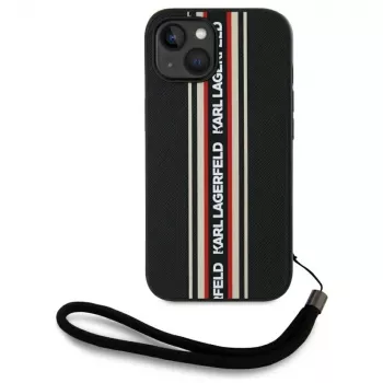 Coque à cordon KARL LAGERFELD Saffiano Athleisure Stripes pour iPhone 15, noir-rouge