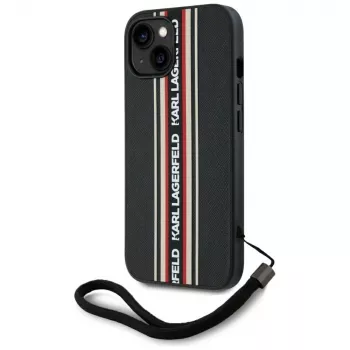 Coque à cordon KARL LAGERFELD Saffiano Athleisure Stripes pour iPhone 15, noir-rouge