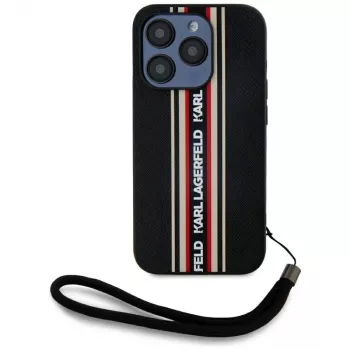 Coque à cordon KARL LAGERFELD Saffiano Athleisure Stripes pour iPhone 15 Pro, noir/rouge