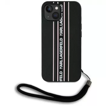 Coque à cordon Karl Lagerfeld Saffiano Athleisure Stripes pour iPhone 15, noir-rose