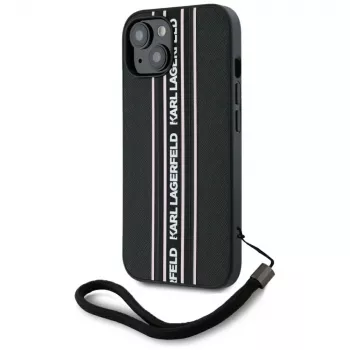 Coque à cordon Karl Lagerfeld Saffiano Athleisure Stripes pour iPhone 15, noir-rose
