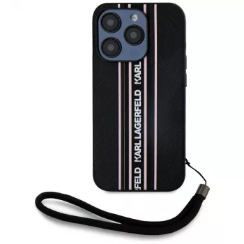 Coque à cordon KARL LAGERFELD Saffiano Athleisure Stripes pour iPhone 15 Pro, noir/rose