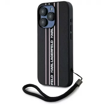Coque à cordon KARL LAGERFELD Saffiano Athleisure Stripes pour iPhone 15 Pro, noir/rose