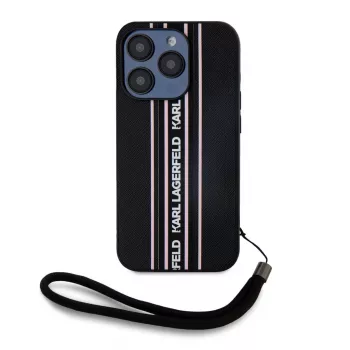 Coque à cordon Karl Lagerfeld Saffiano AthleisureStripes pour iPhone 15 Pro Max, noir rose
