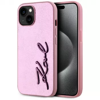 Coque arrière KARL LAGERFELD Wrinkled Metal Signature pour Apple iPhone 15, rose
