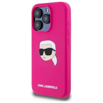Coque rigide silicone Karl Lagerfeld pour iPhone 15 Pro 6,1 inch, avec impression tête Karl, MagSafe - fuchsia