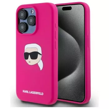 Coque rigide silicone Karl Lagerfeld KLHMP15XSKHPPLF pour iPhone 15 Pro Max 6,7 inch, fuchsia, avec impression tête Karl, MagSafe