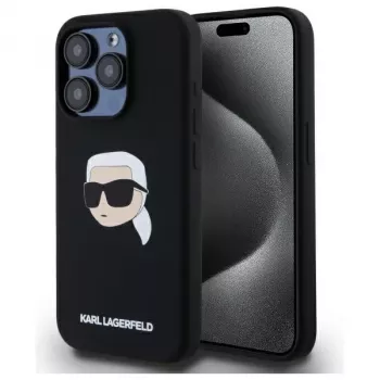Coque rigide silicone Karl Lagerfeld KLHMP15LSKHPPLK pour iPhone 15 Pro 6,1, noire, impression tête Karl, MagSafe