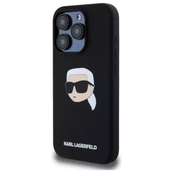 Coque rigide silicone Karl Lagerfeld KLHMP15LSKHPPLK pour iPhone 15 Pro 6,1, noire, impression tête Karl, MagSafe