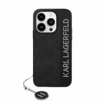 Coque rigide Karl Lagerfeld KLHCP15SPSAKDGCK pour iPhone 15 / 14 / 13 6,1, noire, Saffiano strass et breloque
