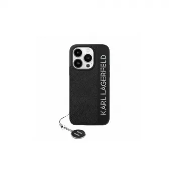 Coque rigide Karl Lagerfeld KLHCP15SPSAKDGCK pour iPhone 15 / 14 / 13 6,1, noire, Saffiano strass et breloque