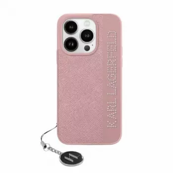 Coque rigide Karl Lagerfeld KLHCP15LPSAKDGCP pour iPhone 15 Pro 6,1, Saffiano strass et breloque, rose