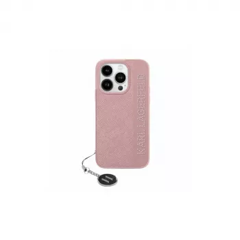Coque rigide Karl Lagerfeld KLHCP15LPSAKDGCP pour iPhone 15 Pro 6,1, Saffiano strass et breloque, rose