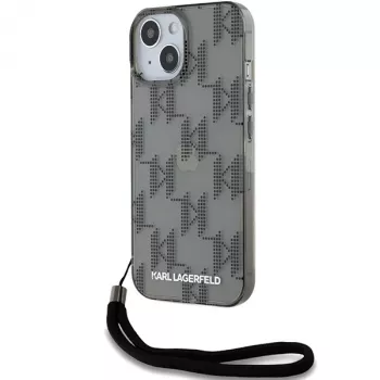 Coque rigide Karl Lagerfeld KLHCP15SHKDPNSK pour iPhone 15 / 14 / 13 6,1, noire, IML Mono KL Pattern et cordon