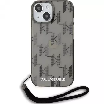 Coque rigide Karl Lagerfeld KLHCP15SHKDPNSK pour iPhone 15 / 14 / 13 6,1, noire, IML Mono KL Pattern et cordon