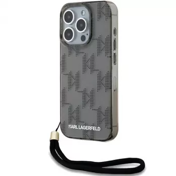 Coque rigide Karl Lagerfeld KLHCP15LHKDPNSK pour iPhone 15 Pro 6,1 inch, noire, IML Mono KL Pattern et cordon