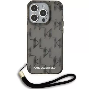 Coque rigide Karl Lagerfeld KLHCP15LHKDPNSK pour iPhone 15 Pro 6,1 inch, noire, IML Mono KL Pattern et cordon
