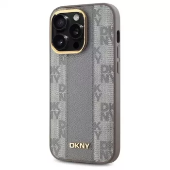 DKNY DKHMP14LPCPVSLE Coque rigide cuir motif à carreaux Mono Pattern MagSafe pour iPhone 14 Pro 6,1 inch Beige