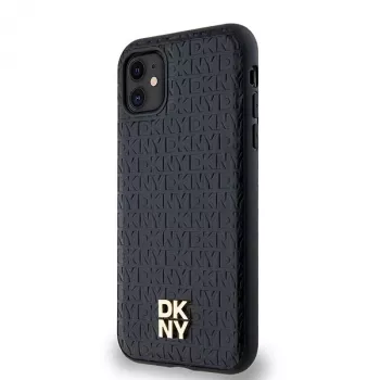 DKNY DKHMN61PSHRPSK iPhone 11 / XR 6,1 inch Noir Coque rigide cuir motif monogramme logo métal MagSafe