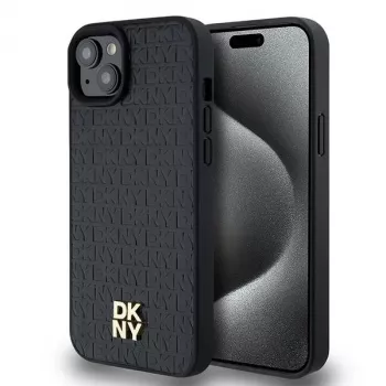 DKNY DKHMP15MPSHRPSK iPhone 15 Plus / 14 Plus 6,7 inch Noir Coque rigide cuir motif monogramme logo métal MagSafe