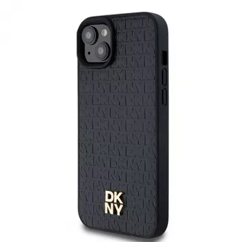 DKNY DKHMP15MPSHRPSK iPhone 15 Plus / 14 Plus 6,7 inch Noir Coque rigide cuir motif monogramme logo métal MagSafe
