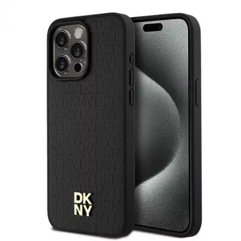 DKNY DKHMP15XPSHRPSK Coque rigide pour iPhone 15 Pro Max 6,7 inch Noir cuir motif monogramme logo métal MagSafe