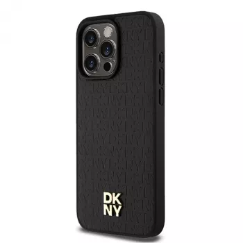 DKNY DKHMP15XPSHRPSK Coque rigide pour iPhone 15 Pro Max 6,7 inch Noir cuir motif monogramme logo métal MagSafe