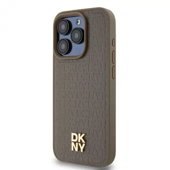 DKNY DKHMP14XPSHRPSW Coque rigide pour iPhone 14 Pro Max 6,7 inch effet cuir marron avec logo métal MagSafe