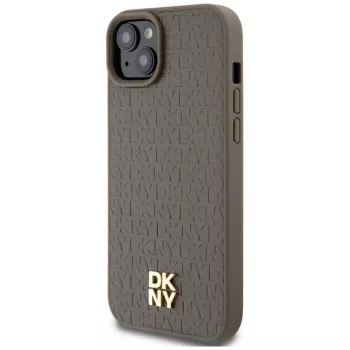 DKNY DKHMP15MPSHRPSW Coque rigide effet cuir avec logo métal MagSafe pour iPhone 15 Plus / 14 Plus 6,7 pouces marron