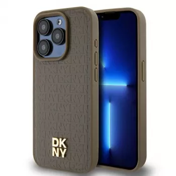 DKNY DKHMP15LPSHRPSW Coque rigide effet cuir à motif monogramme et logo métal MagSafe pour iPhone 15 Pro 6,1 pouces marron