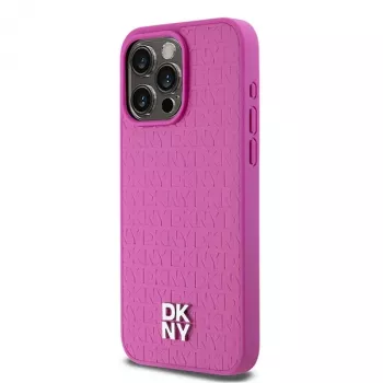 DKNY DKHMP15XPSHRPSP Coque rigide en cuir rose à motif monogramme et logo métal MagSafe pour iPhone 15 Pro Max 6,7 pouces