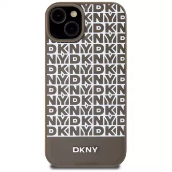 DKNY DKHMP15SPSOSPW Coque rigide en cuir marron à motif imprimé et logo métal MagSafe pour iPhone 15 / 14 / 13 6,1 pouces