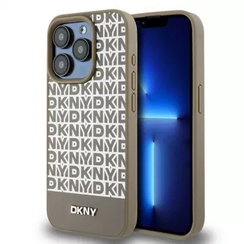 DKNY DKHMP15XPSOSPW Coque rigide en cuir marron à motif imprimé et logo métal MagSafe pour iPhone 15 Pro Max 6,7 pouces