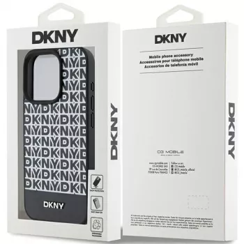 DKNY DKHMP15XPSOSPK Coque rigide en cuir noire à motif imprimé et logo métal MagSafe pour iPhone 15 Pro Max 6,7 pouces