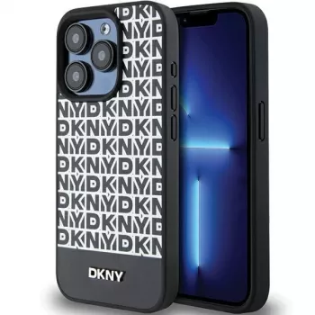 DKNY DKHMP15XPSOSPK Coque rigide en cuir noire à motif imprimé et logo métal MagSafe pour iPhone 15 Pro Max 6,7 pouces