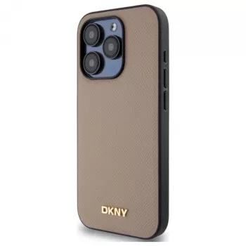 DKNY DKHMP15XPGHLME Coque rigide beige à logo métal grainé MagSafe pour Apple iPhone 15 Pro Max 6,7 pouces