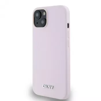 DKNY DKHMP14SSMCHLP Coque rigide en silicone liquide rose avec logo métal MagSafe pour iPhone 13/14/15 6,1 pouces