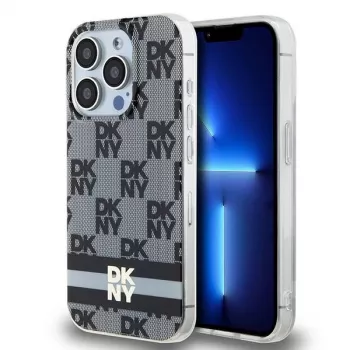 Coque rigide DKNY DKHMP15XHCPTSK pour iPhone 15 Pro Max 6,7 inch noire, motif monogramme à carreaux et rayures imprimées MagSafe