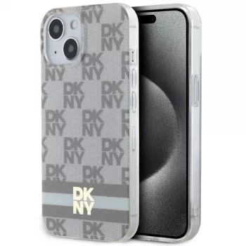 Coque rigide DKNY DKHMP14SHCPTSE pour iPhone 14/15/13 6,1 inch beige, motif monogramme à carreaux et rayures imprimées MagSafe