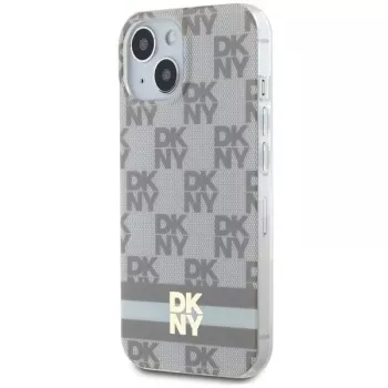 Coque rigide DKNY DKHMP14SHCPTSE pour iPhone 14/15/13 6,1 inch beige, motif monogramme à carreaux et rayures imprimées MagSafe