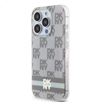 Coque rigide DKNY DKHMP14LHCPTSE pour Apple iPhone 14 Pro 6,1 inch beige, motif monogramme à carreaux et rayures imprimées MagSafe