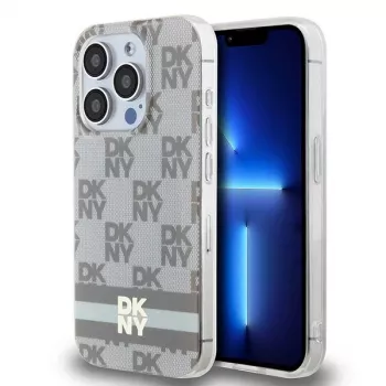 Coque rigide DKNY DKHMP14XHCPTSE pour Apple iPhone 14 Pro Max 6,7 inch beige, motif monogramme à carreaux et rayures imprimées MagSafe