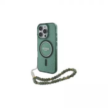 Coque MagSafe Guess IML Glitter With Pearl Strap pour iPhone 16 Pro Max (verte)