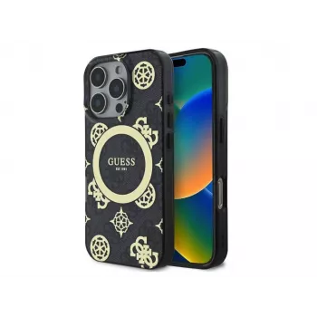 Coque rigide MagSafe Guess GUHMP16LH4PYEEK pour Apple iPhone 16 Pro 6,3 inch noire Peony On 4G Background IML