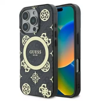 Coque rigide MagSafe Guess GUHMP16XH4PYEEK pour iPhone 16 Pro Max 6,9 inch noire Peony On 4G Background