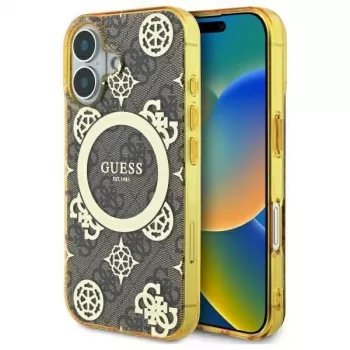 Coque rigide MagSafe Guess GUHMP16SH4PYEEW pour Apple iPhone 16 6,1 inch marron Peony On 4G Background