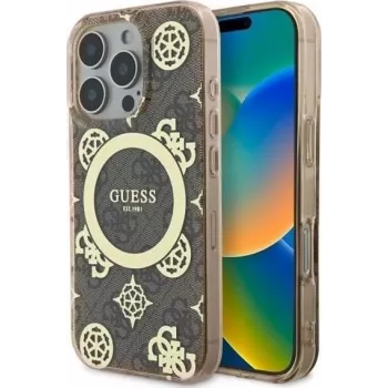Coque rigide MagSafe Guess GUHMP16XH4PYEEW pour iPhone 16 Pro Max 6,9 inch IML Peony On 4G Background marron