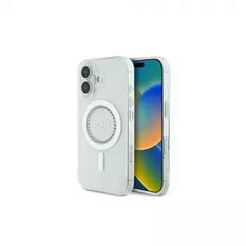 Guess GUHMP16SPFTDTEH Coque rigide IML Rhinestones MagSafe pour Apple iPhone 16 6,1 pouces blanc