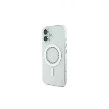 Guess GUHMP16SPFTDTEH Coque rigide IML Rhinestones MagSafe pour Apple iPhone 16 6,1 pouces blanc