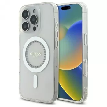 Guess GUHMP16LPFTDTEH Coque rigide pour Apple iPhone 16 Pro 6,3 pouces blanc strass IML MagSafe